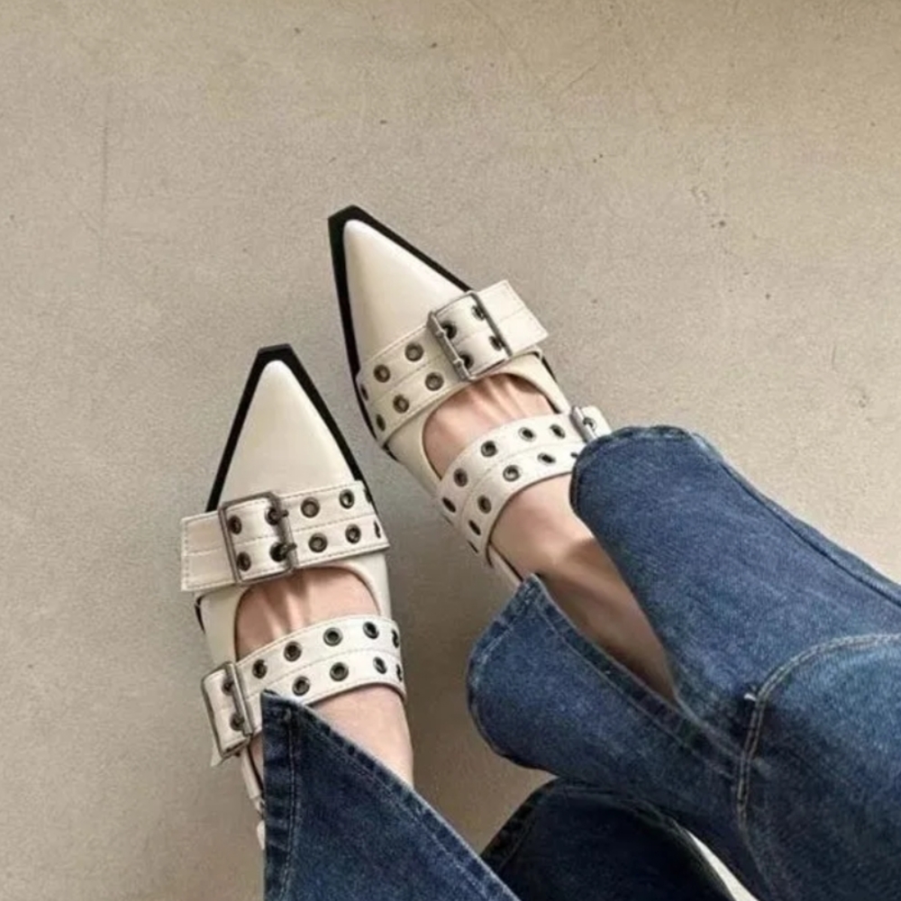 Pointed Toe Buckle Slingback Mules. Beige/White Size 10